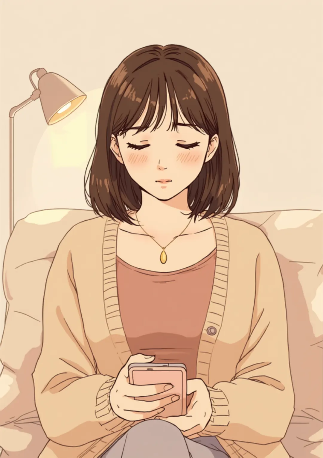 夜、スマホを見るミナ