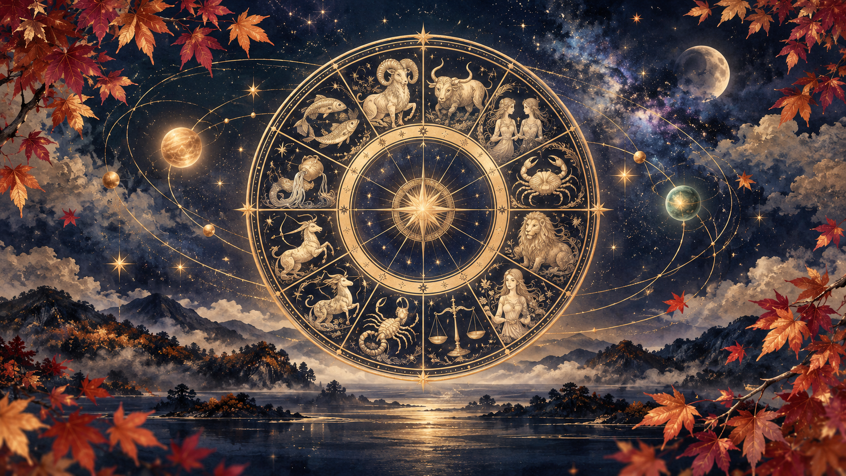 紅葉に囲まれた秋の夜空に浮かぶ金色の星座盤